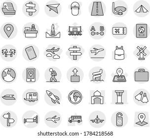 Editable thin line isolated vector icon set - journey, singlepost, hospital bed vector, airport tower, minaret, road, signpost, geo pin, route a to b, mobile location, plane, rocket, earth, trailer