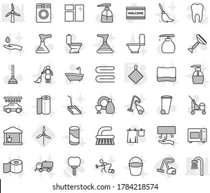 Editable thin line isolated vector icon set - vacuum cleaner, rag, windmill, plunger vector, scraper, trolley, fetlock, towel, trash bin, window cleaning, welcome mat, bath, toilet, drying clothes