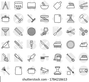 Editable thin line isolated vector icon set - pencil, scalpel vector, doctors hammer, surgical clamp, construction, drawing compasses, cutting board, pan, handle scales, garlic clasp, spatula, sieve