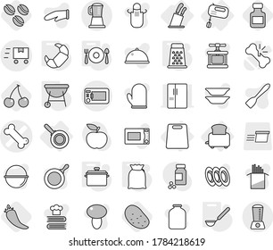 Editable thin line isolated vector icon set - bone vector, fast deliver, mixer, toaster, cutting board, stands for knives, pan, ladle, bbq, fork spoon plate, grater, flour, croissant, coffee seeds