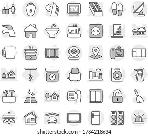 Editable thin line isolated vector icon set - house with garage, brick, city, home, sink, power socket, switch, unlocked, intercome, Chair for babies, air conditioning, toaster, cup, corkscrew, tv