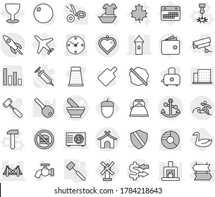 Editable thin line isolated vector icon set - mortar vector, tower, bridge, rocket, anchor, bungalow, surfer, heart pendant, laser, surveillance camera, hammer, meat, goose, windmill, acorn, splotch