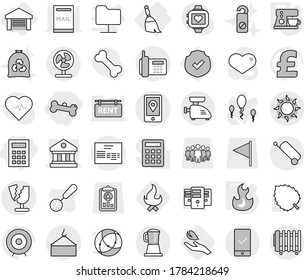 Editable thin line isolated vector icon set - calculator, bone, library, phone, mobile location, loading crane, invoice, broken, checking, suitcase, sun, garage, broom, fire, coffee maker, hand leaf