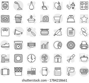 Editable thin line isolated vector icon set - loudspeaker, factory, measuring tape, document, cart, fridge, printer vector, link, pan, meat hammer, mixer, wheel, scoop, washer, plates, trash bin
