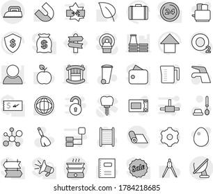 Editable thin line isolated vector icon set - broom vector, water tap, trash bin, toilet brush, washboard, measuring cup, toaster, microwave oven, egg, copybook, drawing compass, apple fruit, magnet