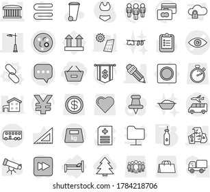 Editable thin line isolated vector icon set - remove from basket, eye vector, microbe, airport building, modern architecture, pencil, outdoor light, sms, heavy, bus, transfer, bed, ring button, link