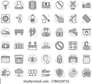Editable thin line isolated vector icon set - eye vector, test vial, ear, presentation, trip, security man, fork loader, jet ski, unlocked, ring button, surveillance camera, chip, cloud, shield, pan