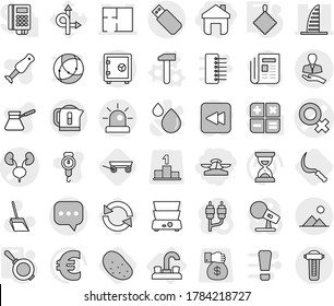 Editable thin line isolated vector icon set - scales, home, female sign vector, kidneys, skyscraper, plan, client, sms, safe, landscape, water tap, hammer, pan, rag, sickle, trailer, reload, potato