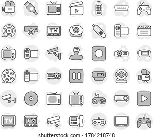 Editable thin line isolated vector icon set - surveillance, intercome, camera, tv, web vector, vr helmet, projector, cd, cinema clap, film spool, gamepad, video, remote control, play button, pause