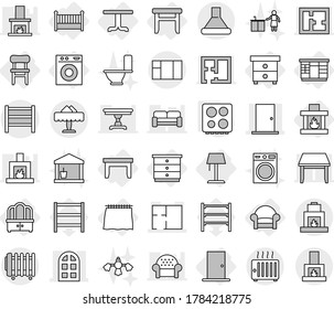 Editable thin line isolated vector icon set - door, arch window, plan, rack, restaurant, curtain, table, nightstand, chest of drawers, wardrobe, dresser, stool, chair, armchair, crib, fireplace, hob