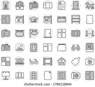 Editable thin line isolated vector icon set - shop signboard, building, window, door, arch, vip fence, photo, dog, landscape, curtain, dresser, rack, camera vector, barn, cleaning, shining, glasses