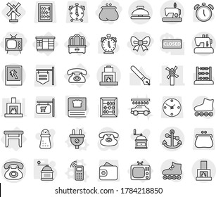 Editable thin line isolated vector icon set - bow, purse, tv, windmill, phone, anchor, photo, service bell, wardrobe, dresser, stool, plug vector, mobile, hand mill, cooking book, car wash, pen