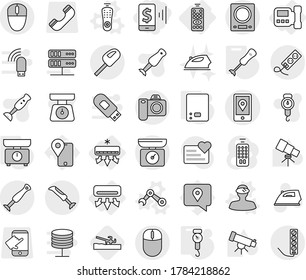 Editable thin line isolated vector icon set - mobile pay, location, air conditioning, remote control, intercome, vector, vr helmet, robot hand, kitchen scales, handle, blender, soil cutter, iron