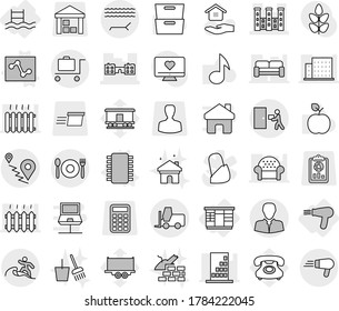 Editable thin line isolated vector icon set - school, palace, route, client, courier delivery, fork loader, lounger, cafe, surfer, baggage trolley, wardrobe, hair dryer, pool, chip vector, analytics