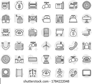 Editable thin line isolated vector icon set - phone, castle, minaret, japanese house, gothic architecture, train, restaurant, water tap, dresser, vector, hand mill, wheel, horseshoe, windmill, call