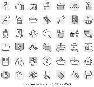 Editable thin line isolated vector icon set - anamnesis vector, basket, handwheel, shark flipper, coffee maker, welding, touchscreen, robot hand, rag, blender, cleaner trolley, foam basin, scoop