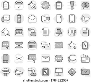 Editable thin line isolated vector icon set - megafon, loudspeaker, singlepost, calendar, terms, clipboard pen, document, do not distrub, fridge, paper pin vector, billboard, mail, message, money