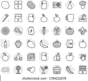 Editable thin line isolated vector icon set - chicken leg, apple vector, cocktail, cooler fan, water tap, fridge, cup, vegetable oil, tomato, lemon, hot pepper, cherry, corn, pear, strawberry, peas