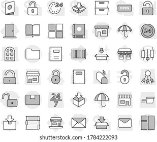 Editable thin line isolated vector icon set - unlock, shop, mail, window, arch, package box, documents, door, vector, book, copybook, archive, japanese candle, office, umbrella, share, 24 7, mailbox