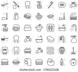 Editable thin line isolated vector icon set - wc, tooth vector, uv cream, water tap, sink, washing, towel, soap, fetlock, mop, sponge, bath, toilet brush, liquid, paper, shower, with foam, basin