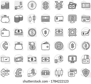 Editable thin line isolated vector icon set - money, exchange vector, dollar coin, japanese candle, credit card, wallet, cash, investment, stack, check, shield, monitor, any currency, pound, cent