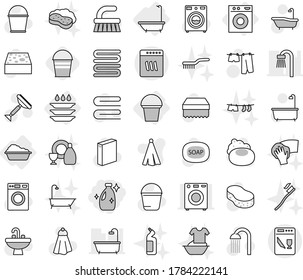 Editable thin line isolated vector icon set - cleanser, bath, washing machine, bucket, plate, soap vector, scraper, fetlock, sponge, towel, drying clothes, washer, powder, shower, sink, tooth brush