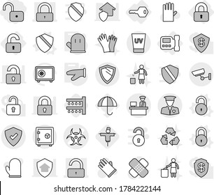 Editable thin line isolated vector icon set - unlock, biohazard vector, lock, customs control, protected, security man, uv cream, surveillance, safe, shield, locked, unlocked, key, intercome, rubber