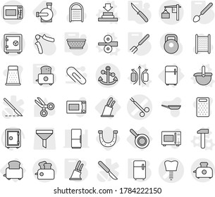 Editable thin line isolated vector icon set - tooth implant vector, surgical clamp, loading, anchor, safe, fridge, toaster, stands for knives, pan, magnetic field, press, ladle, metal rolling, fork