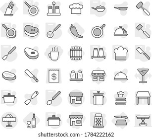 Editable Thin Line Isolated Vector Icon Set - Shop, Hot Drink, Restaurant, Cutting Board, Stands For Knives, Pan, Cook Hat, Skimmer, Spatula, Big Spoon, Chef Knife, Meat Hammer, Salt Pepper, Grater