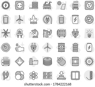 Editable thin line isolated vector icon set - panel house, barrel, sun, barometer, power socket, switch, radiator, atom core vector, led, plug, factory, press, oil pump, battery, solar, pancakes