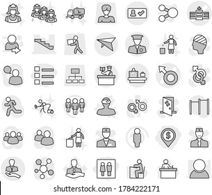 Editable thin line isolated vector icon set - wc, dollar pin, list, male sign vector, hospital, stairs, client, security man, deltaplane, check in, baggage checking, inspector, vr helmet, outsource