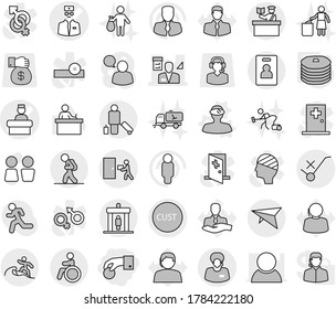 Editable thin line isolated vector icon set - hand coin, doctor vector, hospital recieption, architector, support manager, customs, do not trolley sign, courier delivery, deltaplane, tourist, surfer