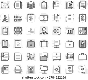 Editable thin line isolated vector icon set - receipt, account balance, slum, modular house, architector, passport, printer vector, case, certificate, document, archive, exam, annual report, binder