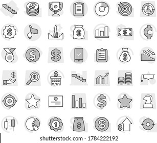 Editable thin line isolated vector icon set - dollar coin, stairs, clipboard, mobile checking, golf, rocket start vector, graduate hat, award cup, certificate, graph, pie, japanese candle, money bag