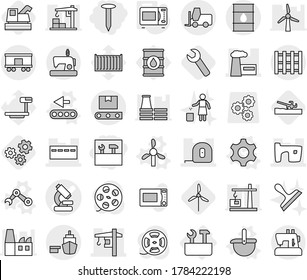 Editable thin line isolated vector icon set - tools, nail, microscope vector, bunker, slum, factory, measuring tape, tower crane, port, barrel, fork loader, railroad shipping, transporter, pallet