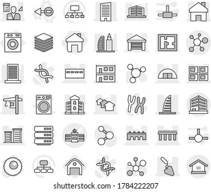 Editable thin line isolated vector icon set - home, hospital vector, virus, bridge, skyscraper, bunker, houses, garage, hangare, modular house, panel, building, district, construction, tower crane