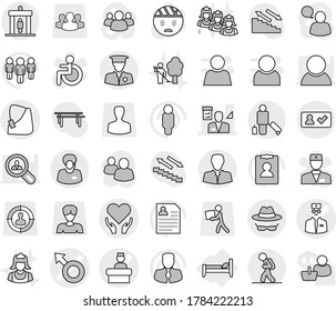 Editable thin line isolated vector icon set - male sign vector, broken hand, health care, doctor, hospital recieption, architector, client, support manager, security man, confidential, tourist, bed