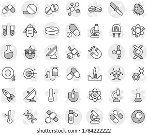 Editable thin line isolated vector icon set - dna vector, pipette, pill, microscope, flask, potion bottle, biohazard, satellite, atom, magnet, electric, led, rocket start, edit, robot, microb, pills