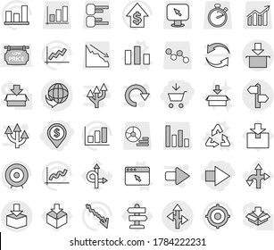 Editable thin line isolated vector icon set - add to cart, dollar pin, right arrow, signpost, delivery, route, package, recycle vector, chart, browser window, graph, crisis, growth, target, diagram