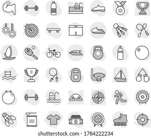 Editable thin line isolated vector icon set - t shirt, bike, dome house, diving mask, tennis, jet ski, yacht, windsurfing, pool, award cup vector, target, barbell, stadium, weight, jump rope, shorts