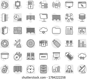 Editable thin line isolated vector icon set - archive vector, documents, bar code, satellite antenna, server, analytics, cd, presentation, personal information, graph, binder, board, barcode, share