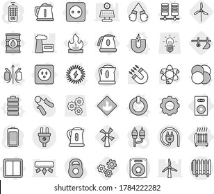 Editable Thin Line Isolated Vector Icon Set - Factory, Power Socket, Switch, Speaker, Radiator, Kettle, Atom Core Vector, Magnetic Field, Magnet, On Off Button, Server, Battery, Solar, Plow, Gears