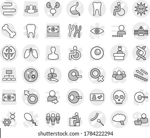 Editable thin line isolated vector icon set - disability vector, male sign, female, dna, artificial insemination, microbe, hospital, skull, sperm, tooth, stomach, kidneys, lungs, intestines, brain