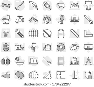 Editable thin line isolated vector icon set - bone, project, mansion, ruler, drawing compasses, plan, water tap, toilet, fence, robot hand vector, skimmer, salt pepper, potato, cow, fork, splotch