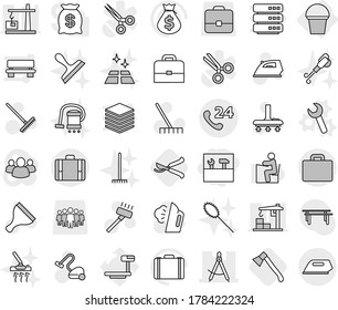 Editable thin line isolated vector icon set - tools, draw compass, phone 24, suitcase, bucket, wrench vector, axe, pruner, scraper, vacuum cleaner, rake, iron, steaming, blower, clean floor, duster