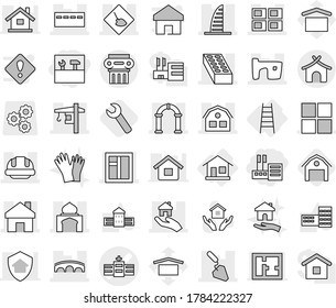 Editable thin line isolated vector icon set - store, tools, hospital vector, under construction, home, skyscraper, bunker, minaret, slum, panel house, window, brick, bridge, building helmet, arch