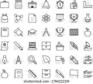 Editable thin line isolated vector icon set - transfer, copybook vector, graduate hat, pen, university, pencil, blackboard, corner ruler, drawing compass, student, case, backpack, apple fruit, atom