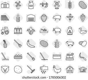 Editable thin line isolated vector icon set - bunker, greenhouse, potato, spikelets, plow, soil cutter, cow, field, shovel, fork, rake, sickle, flour, pig, grape, corn, seedling, goose, windmill