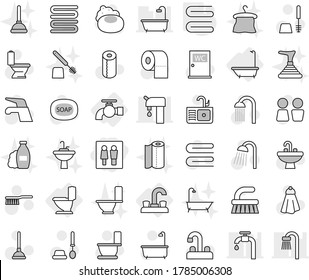 Editable Thin Line Isolated Vector Icon Set - Wc, Water Tap, Bath, Toilet, Towel, Soap Vector, Plunger, Fetlock, Brush, Paper, Shower, Closet, Sink, Shampoo, Hanger, Supply