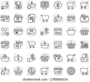 Editable thin line isolated vector icon set - cart, basket, credit card, account balance, remove from, delete, shop, vector, investment, dollar medal, monitor, target audience, money gift, percent